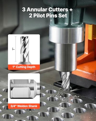 VEVOR Annular Cutter Set, 5 pcs Weldon Shank Mag Drill Bits Kit, 1" Cutting Depth, 1/2" Cutting Diameter, HSS, 3 Drill Bits with 2 Pilot Pins and 3 Plastic Cases, for Magnetic Drills, Steel, Aluminum - size: 1/2" * 1"