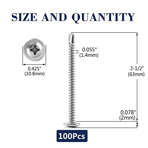 #8 x 2-1/2" Sheet Metal Screws 100PCS 410 Stainless Steel Truss Head Fast Self Tapping Screws by SG TZH - color: Silver, size: #8 x 2-1/2"