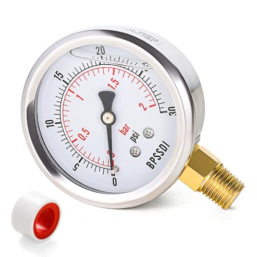 0-30 Psi Glycerin Liquid Filled Low Pressure Gauge, 2.5" Dial Size, 1/4" NPT Lower Mount, 304 Stainless Steel Case, for Water Pipe, HVAC, Water Oil Air Pressure Test - size: 0-30 psi, style: Lower Mount