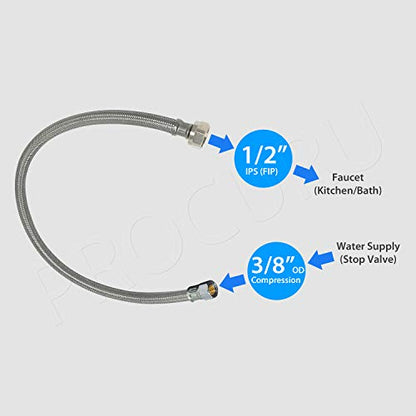 [2-Pack] PROCURU 12-Inch (1Ft) x 3/8" Comp x 1/2" FIP Faucet Hose Connector, Stainless Steel Braided Supply Line, Certified Safe (9SF12-2P) - size: 12 Inch