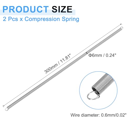 uxcell 2Pcs Extension Springs, 0.6x6x300mm/0.02x0.24x11.81in 304 Stainless Steel Extended Compression Spring Steel Dual Hook Tension Springs for Machinery Construction Home Repairs - size: 0.6x6x300mm