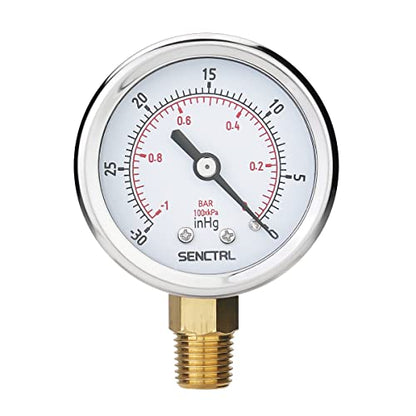 SENCTRL 30inHg Vacuum Pressure Gauge, 1/4" NPT Lower Mount - size: -30inHg-0, style: Lower Mount