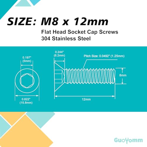 M8-1.25 x 12 mm 25PCS Flat Head Hex Socket Cap Screws, Countersunk Bolts, Stainless Steel 304, Metric Allen Drive, Fully Threaded, Bright Finish - size: M8 x 12 mm(25PCS)