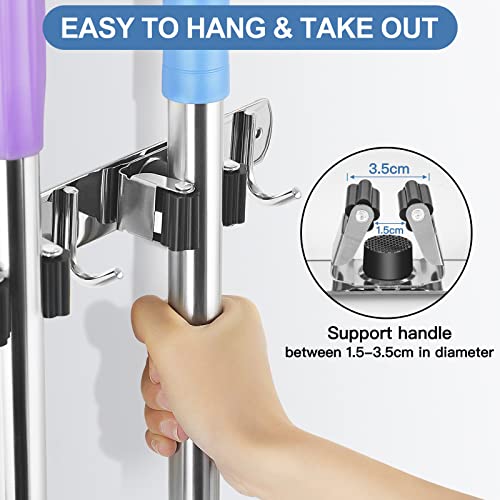IMILLET 2 Pack Broom Holder Wall Mount Stainless Steel Mop Organizer - color: Stainless Steel - 4 Racks with 5 Hooks, size: 2 Pack