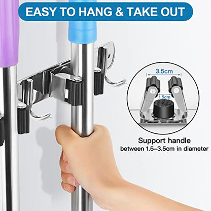 IMILLET 2 Pack Broom Holder Wall Mount Stainless Steel Mop Organizer - color: Stainless Steel - 4 Racks with 5 Hooks, size: 2 Pack