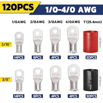 haisstronica 120PCS Tinned Copper Lug & Heat Shrink Kit AWG 0/00/000/0000 - color: Tinned Copper, size: 120 PCS