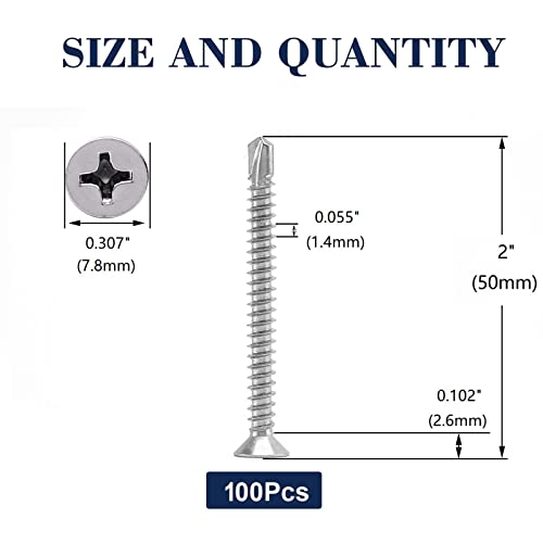 #8 x 2 Sheet Metal Screws 100Pcs 410 Stainless Steel Flat Head Tek Screws Fast Self Tapping Screws by SG TZH - size: #8 x 2"