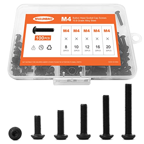 M4 x 8mm 10mm 12mm 16mm 20mm Button Head Socket Cap Screws Bolts, 10.9 Grade Alloy Steel Metric, Black Oxide Finish, Allen Hex Drive, Machine Fully Threaded, Assortment Kit 100PCS - size: M4 x 8/10/12/16/20mm (100PCS)