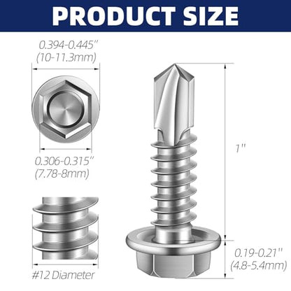 #12 x 1 Hex Washer Head Self Drilling Sheet Metal Screws with Drill Point, 410 Stainless Steel Self Tapping Screws for Metal, 50 PCS - color: Silver, size: #12 x 1"