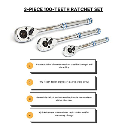 Neiko 03000A 100-Tooth Quick-Release Ratchet-Wrench Set, 1/4-Inch-, 3/8-Inch-, and 1/2-Inch-Drive Ratchets, 3.6-Degree Swing, CrMo Steel, 3-Piece Set - size: 1/4", 3/8", 1/2" Drives, style: Ratchet