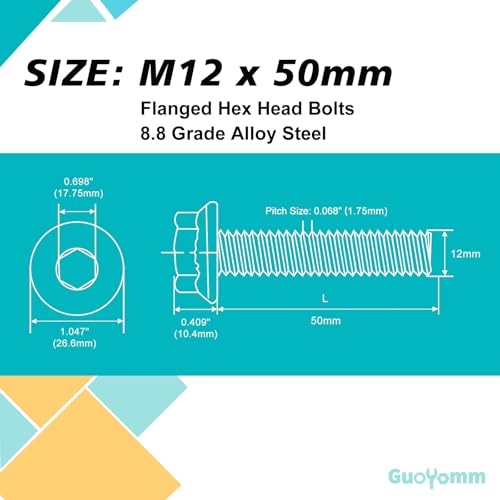 M12 x 50mm 6pcs Flanged Hex Head Bolts, M12 x 1.75 Bolts, Flange Hexagon Head Screws, 8.8 Grade Alloy Steel, Yellow Zinc Plated, Metric Fully Thread - size: M12 x 50mm(6PCS)