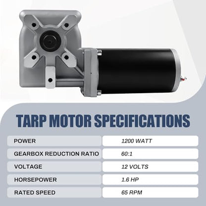 1200W 60:1 1.6HP Electric Tarp Motor for Dump Trucks Over 28' Length, Universal Tipper Truck Canopy Motor for Dump Truck Tarp System with Chrome Housing Cover- 12V DC, 55AMPS/65RPM- 5 Years Warranty - size: 1200w 60:1
