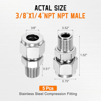 5 Pack 3/8"OD Compression x 1/4" NPT Male Union Coupling Connector - size: 3/8"OD x 1/4" MNPT