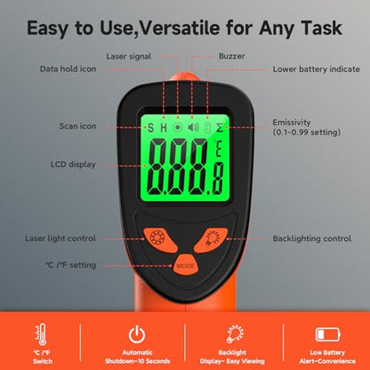 Infrared Thermometer Gun, -58°F to 1022°F, 12:1 Non-Contact - color: Orange/-58°F to 1022°F
