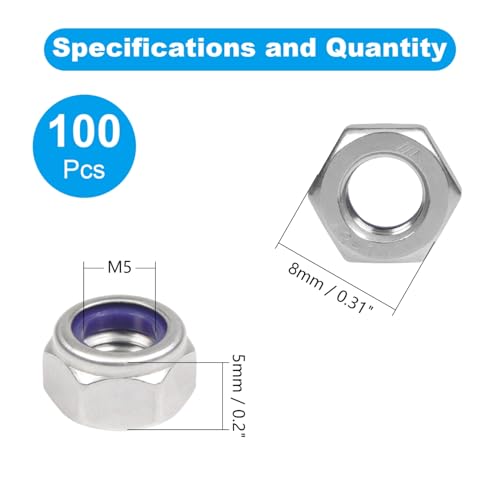 100PCS M5 Locknuts M5x0.8mm Nylon Insert Hex Lock Nuts - size: M5x0.8mm;100 PCS