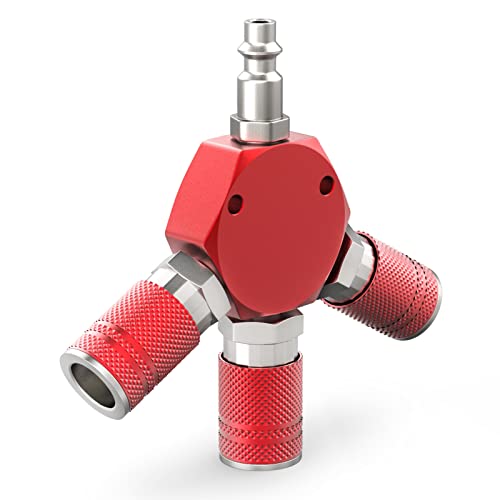 GASHER Red 3-Way 1/4 Inch NPT Aluminum Hex Style Air Manifold with 3 Pieces Steel Industrial Coupler and Plug, Air Compressor Hose Accessories Quick Connect Fittings Air Splitter - style: RED 1PCS