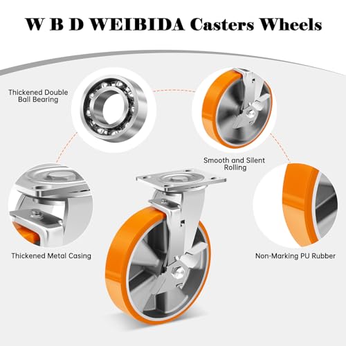 W B D WEIBIDA 8-Inch Industrial Grade Casters Wheels, Heavy Duty Casters Set of 4 with Brake 6000 LBS, Maintenance-Free Polyurethane on Aluminum Wheels, Plate Swivel Casters for Industrial - size: 8 IN