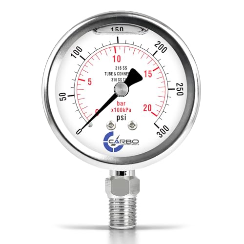 Carbo 300 PSI Liquid Filled Pressure Gauge with NIST Traceable Certificate, Calibrated in USA Lab, 2.5" Dial, 1/4 NPT Lower Mount, ASME Grade A, 316 SS Case, 316 SS Wetted Parts, PSI/Bar - size: 0-300 PSI, style: NIST TRACEABLE