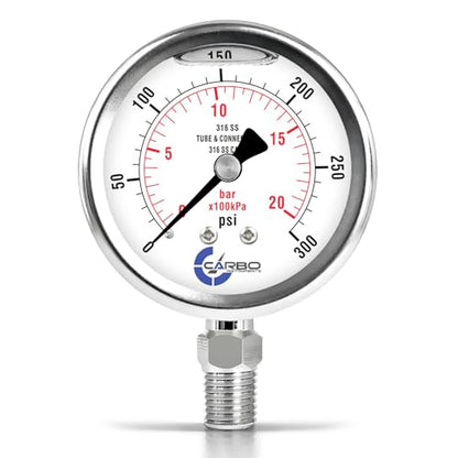 Carbo 300 PSI Liquid Filled Pressure Gauge with NIST Traceable Certificate, Calibrated in USA Lab, 2.5" Dial, 1/4 NPT Lower Mount, ASME Grade A, 316 SS Case, 316 SS Wetted Parts, PSI/Bar - size: 0-300 PSI, style: NIST TRACEABLE