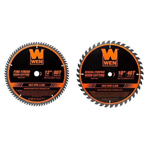 WEN BL1280 12-in 80-Tooth Fine-Finish Professional Woodworking Saw Blade & BL1040 10-in 40-Tooth Carbide-Tipped Professional Woodworking Saw Blade for Miter Saws and Table Saws