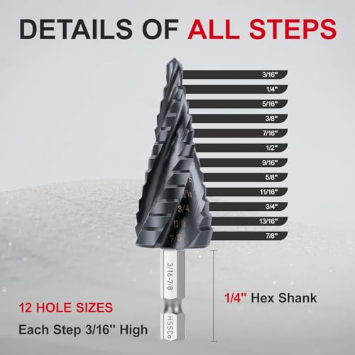 M35 Four Spiral Flute Cobalt Step Drill Bit, 3/16" - 7/8"(12 Step Size) Impact Ready Unibit Step Drill Bit, 1/4" Hex Shank Step Bit for Metal, Stainless Steel, Aluminum, Plastic - style: 1PC M35 Step Drill Bit