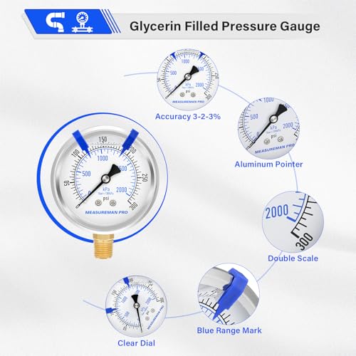MEASUREMAN PRO 2.5'' Glycerin Filled Pressure Gauge, 0-300psi/kpa, 304 Stainless Steel Case, 1/4" NPT Lower Mount,for Regulator, Air Compressor, Water System, HVAC, Hydraulic Test - size: 2.5'' (Lower Mount), style: 0-300 psi