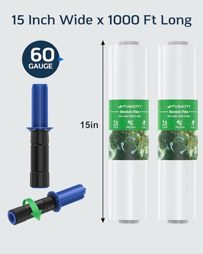 FugaCity Shrink Wrap-2 Rolls with Handles 15 inch W 1000ft L Heavy Duty Stretch Wrap,60 Gauge 500% Stretch Industrial Strength - size: 2 Pack(with Handles)