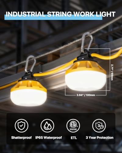 HYPERLITE Construction String Lights: 100FT 10 Bulbs String Work Lights with Climbing Hooks - IP65 Waterproof Linkable LED Construction String Lights for Job Site Attic Renovation Crawlspace Lighting - size: 100FT-2Prong