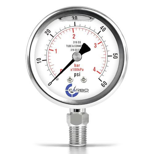 Carbo 60 PSI Liquid Filled Pressure Gauge with NIST Traceable Certificate, Calibrated in USA Lab, 2.5" Dial, 1/4 NPT Lower Mount, ASME Grade A, 316 SS Case, 316 SS Wetted Parts, PSI/Bar - size: 0-60 PSI, style: NIST TRACEABLE