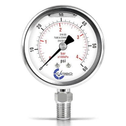 Carbo 60 PSI Liquid Filled Pressure Gauge with NIST Traceable Certificate, Calibrated in USA Lab, 2.5" Dial, 1/4 NPT Lower Mount, ASME Grade A, 316 SS Case, 316 SS Wetted Parts, PSI/Bar - size: 0-60 PSI, style: NIST TRACEABLE