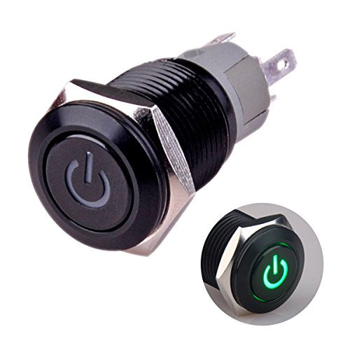 Latching Push Button Switch U16F5 1NO1NC SPDT ON/Off Black Shell with Green Power Symbol LED Suitable for 16mm 5/8" Mounting Hole (Green) - color: Green