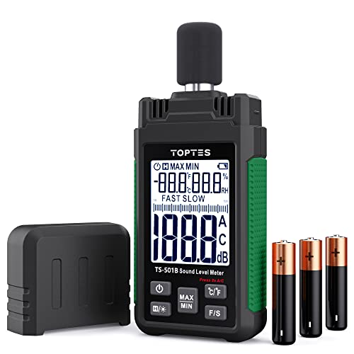 Decibel Meter, TopTes TS-501B Sound Level Meter with 2.25” Backlit LCD Screen, A/C Weighted, Range 30-130dB, Temperature & Humidity, MAX/MIN, Data Hold, Use for Home, Noisy Neighbor, Factory - Green - color: Green