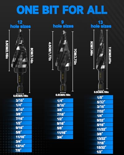 M35 Cobalt Step Drill Bit Set, 3-Piece 1/4" Hex Shank - size: 1/8"-7/8"（3PCS）