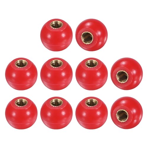 M METERXITY 10-Pack Threaded Ball Knobs, M5 Female Thread 16mm Dia. Thermoset Ball Knob for Lathe/Machine/Lawn Mowers, Round Phenolic Brass Insert Lever Handle [Red] - size: M5x16mm