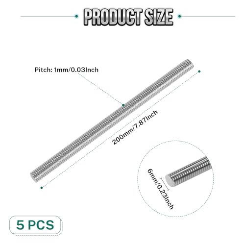 5Pcs Fully Threaded Rod & Studs, M6 x 200mm Long Threaded Screw, 1mm Thread Pitch, 304 Stainless Steel Right Hand Thread Bar Studs for Furniture Machinery Assembly - size: M6 x 200mm