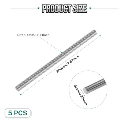 5Pcs Fully Threaded Rod & Studs, M6 x 200mm Long Threaded Screw, 1mm Thread Pitch, 304 Stainless Steel Right Hand Thread Bar Studs for Furniture Machinery Assembly - size: M6 x 200mm