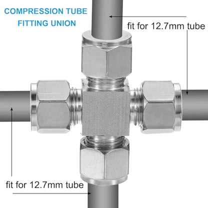 PATIKIL 304 Stainless Steel Cross Compression Tube Fitting 12.7mm, 1/2" ID, Pipes Adapter for Water Garden Irrigation System, Silver - size: 0.5 Inch