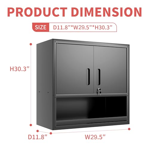 Garage Wall Cabinet with 2 Locking Doors and Shelf Metal Storage Cabinet - color: Black, style: 2 doors wall cabinet