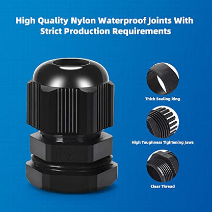 Cable Gland 20 Pack Plastic Waterproof Adjustable Connector 5-10mm PG11 Strain Relief Cord Connectors Joints Nylon with Gaskets - size: PG11(20-pack)