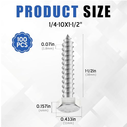 Zonon 100 Pcs 1/4" X 1-1/2" 304 Stainless Steel Lag Screw for Wood, Silver - color: Silver, size: 1/4" X 1-1/2"
