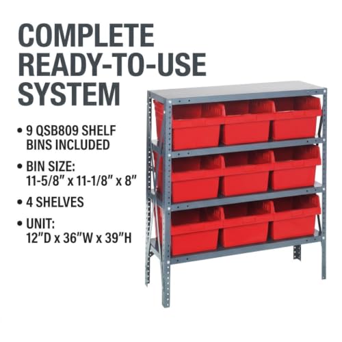 Quantum Storage 1239-SB809 Store-Max Steel Shelf Bin Organizer System, 9 8"H Hopper-Front Bins, 4-Shelf Unit, 400 lb Per Shelf, for Warehouse, Shop, Garage & Stockroom, 12"D x 36"W x 39"H, Red - size: 39" H x 36" W x 12" D, style: 12" L x 12" W x 8" H 9 S