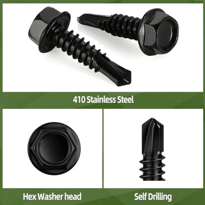 150 PCS #10 x 1 Sheet Metal Screws, Black Hex Washer Head Self Drilling Screw, Flanged Self Tapping Screws, 410 Stainless Steel - size: #10 x 1"