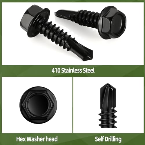 50 PCS #12 x 2-1/2" Sheet Metal Screws, 50 PCS Black Hex Washer Head Self Drilling Screw, Flanged Self Tapping Screws, 410 Stainless Steel - size: #12 x 2-1/2"