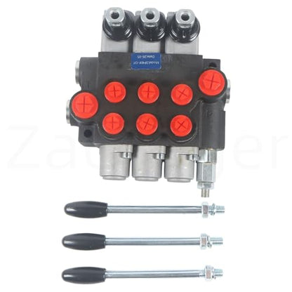 1 Piece Hydraulic Directional Control Valve 3 Spool 11 GPM G Port Adjustable Pressure Relief Lever Handle One-Piece Double Acting Parallel Center 3600 PSI