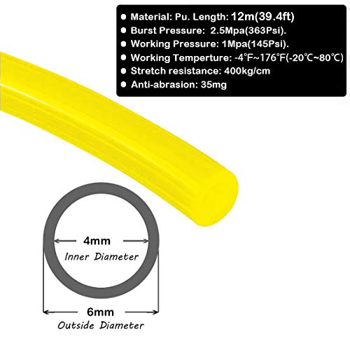 Beduan 6mm x 4mm Yellow Pneumatic Tubing Pipe PU Polyurethane Air Compressor Tubing Hose Pipe Line Fluid Transfer 39.4ft 12 Meter - color: *Yellow, size: 6mmx4mm-12m