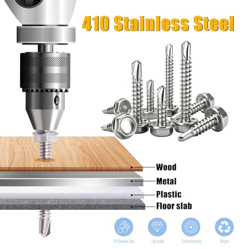 weideer 250pcs ＃8×3/4" Self Tapping Screws for Metal,410 Stainless Steel,Metal Screws Self Tapping, Hex Washer Head Quick Tapping Self Drilling Sheet Metal Screw with Washer K-157-W-19mm - size: SV 250PCS ＃8×3/4"