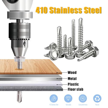 weideer 250pcs ＃8×3/4" Self Tapping Screws for Metal,410 Stainless Steel,Metal Screws Self Tapping, Hex Washer Head Quick Tapping Self Drilling Sheet Metal Screw with Washer K-157-W-19mm - size: SV 250PCS ＃8×3/4"