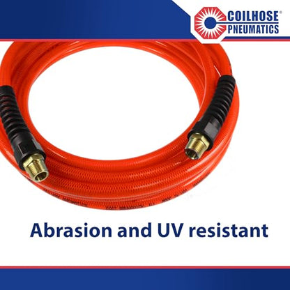 Coilhose Pneumatics PFE60254TR Flexeel Reinforced Polyurethane Air Hose, 3/8" ID, 25' Length with (2) 1/4" MPT Reusable Strain Relief Fittings - color: Transparent Red, size: 3/8" X 25 Feet, 1/4" FTG