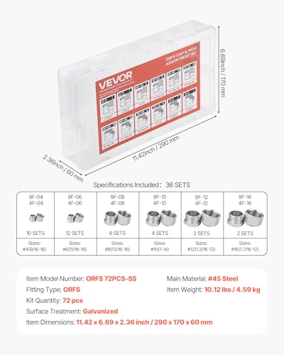 VEVOR 72 PCS ORFS Hydraulic Fittings, O Ring Face Seal Fitting Kit, Hydraulic Hose Tube and Pipe Fittings, Cap and Plug Set for Hydraulics, O Ring Assortment Kit Precision Thread, Sizes 4 6 8 10 12 16