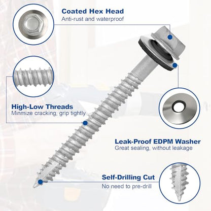#14×2-1/2Inch Metal Roofing Screws 320-PCS Hex Head Rustpert Coating Screws - size: #14×2-1/2
